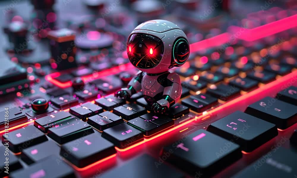 Poster futuristic robot on illuminated keyboard. (2)