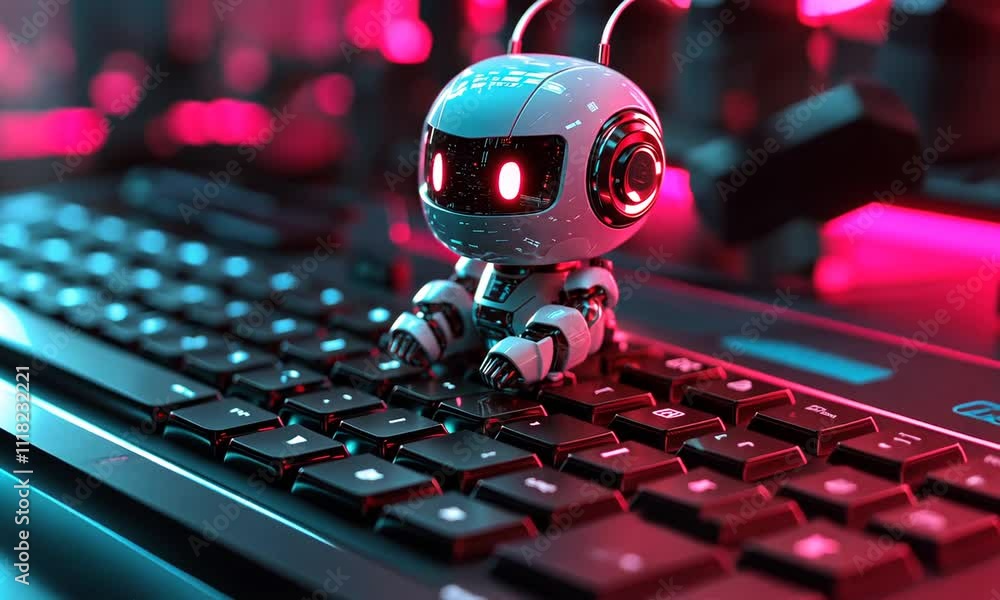 Poster futuristic robot sitting on illuminated keyboard.