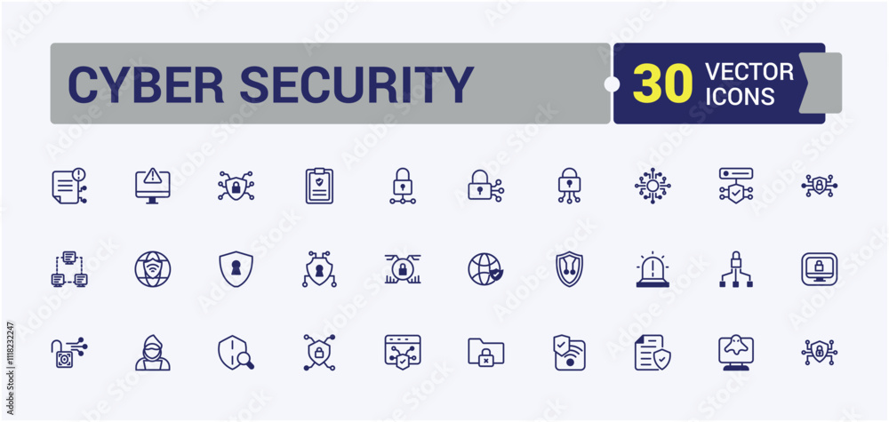 Poster cyber security line web icon set. includes thin line password, access, police, leak, datum and more.
