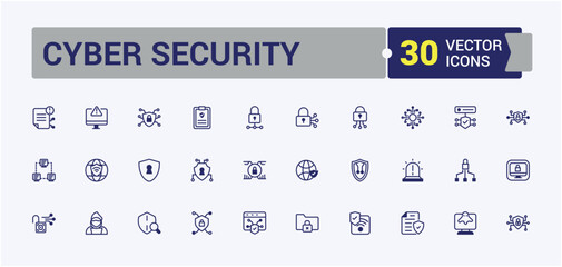 Cyber Security line web icon set. Includes thin line password, access, police, leak, datum and more. Simple line vector. Outline and solid pictogram.