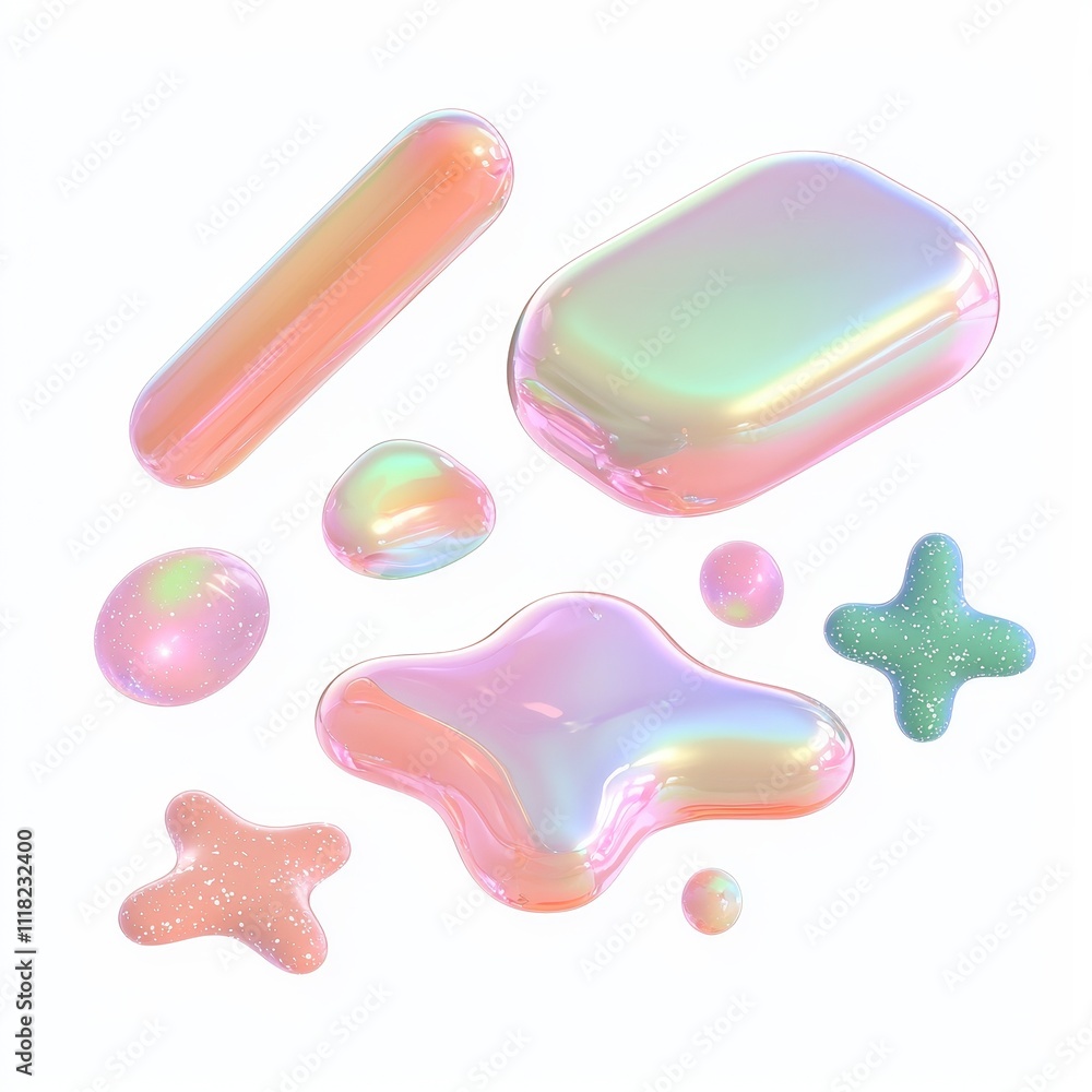 Poster holographic liquid blobs shaped like y2k iridescent metallic drops or colorful bubbles, isolated on 