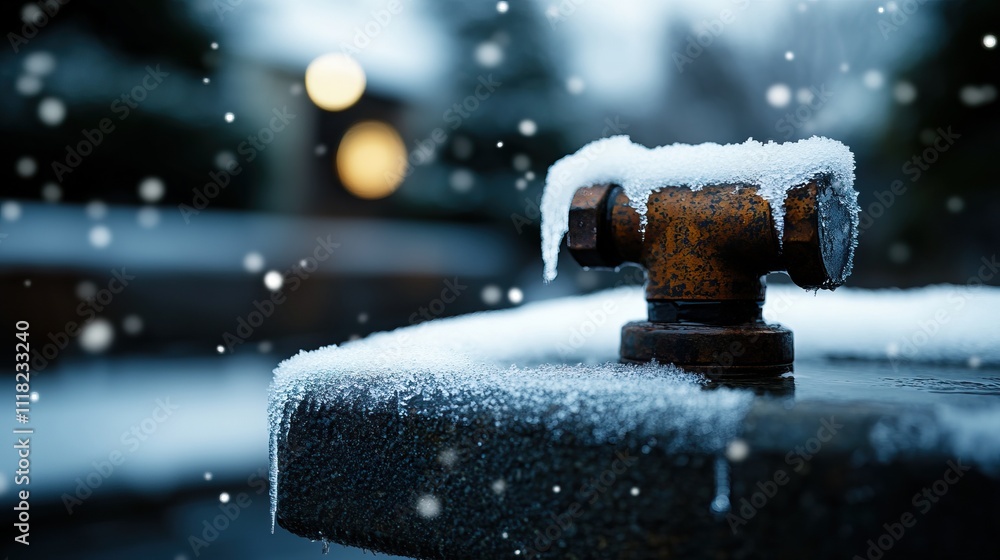 Poster a close-up of a frosted faucet with snow, capturing a serene winter scene with blurred background li