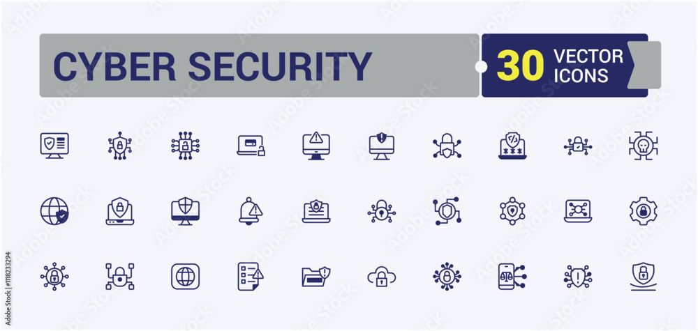 Poster cyber security line web icon set. includes thin line password, access, police, leak, datum and more.