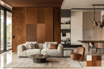 Stylish modern living room with a soft round coffee table in light tones, walls and decor in warm brown tones, the colors of Mocha Mousse 2025