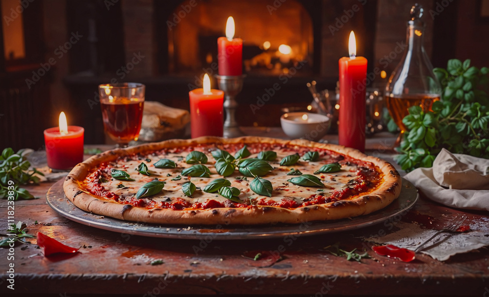 Aufkleber pizza with basil and cheese on top of a table. there are candles on the table as well