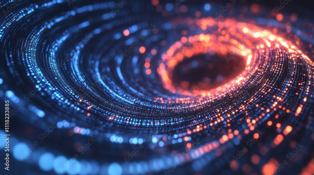 Poster a captivating swirl of a data matrix forms a vortex, showcasing vibrant blue and orange particles sp