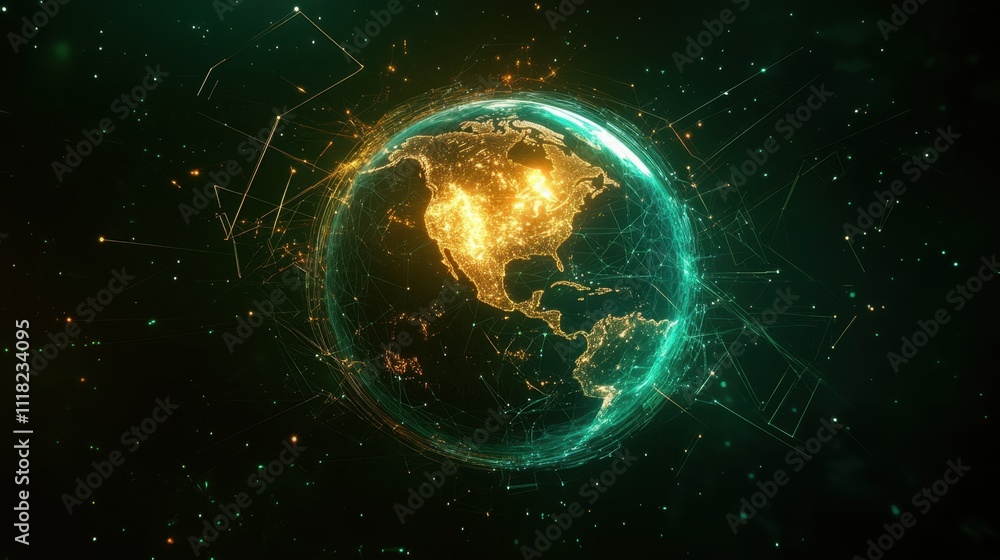 Poster connection lines form a glowing web around earth, representing the internet and digital interaction.