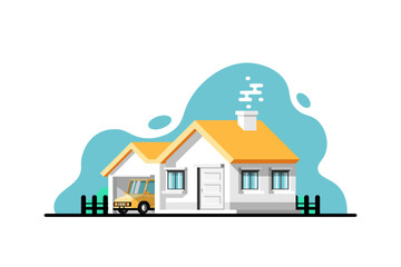 Private residential house with car on isolated background, Vector illustration.