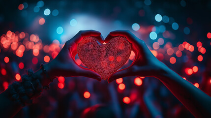 Hands Forming a Sparkling Heart Shape with Red and Blue Bokeh Lights