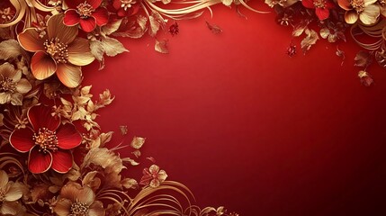 An elegant gold floral swirl design on a rich crimson background, perfect for Chinese New Year celebrations, invitations, and festive decorations.