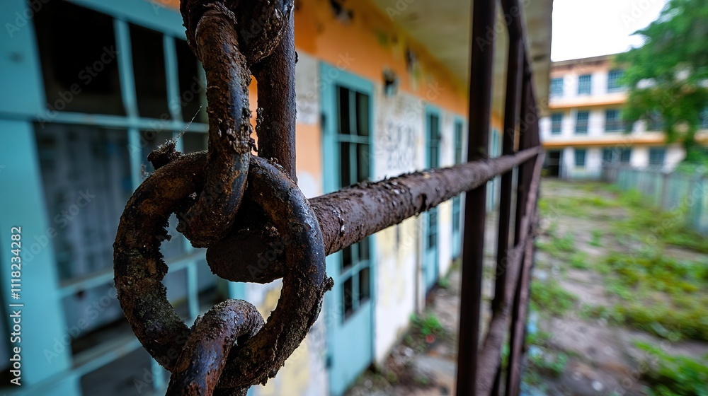 Poster a close-up of a rusty chain link on a fence, with an abandoned building in the background, showcasin