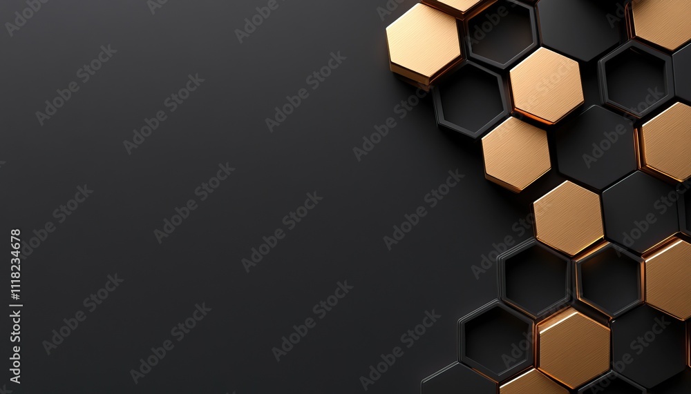 Poster a modern design featuring black and gold hexagonal shapes, creating a sleek and stylish aesthetic.