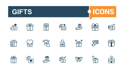 Gifts icon pack. Contains such icons as wrap, holiday, celebrate, pack, packaging, element, open, party. Solid line editable stroke.