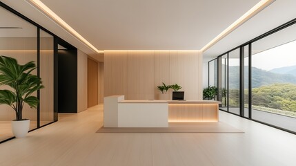 A modern office reception area featuring a minimalist design, large windows with a scenic view, and elegant plants for a fresh atmosphere.