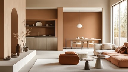 A modern living room combined with a kitchen