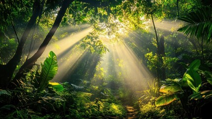 A serene jungle scene with sunlight breaking through the trees, 'Find your path'