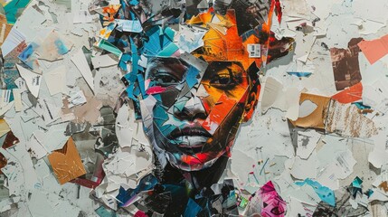 Fototapeta premium Vibrant Abstract Paper Arts Collage Featuring a Human Face with Colorful and Textured Paper Fragments