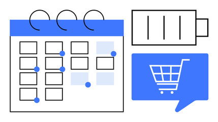 Calendar with blue event markers, battery icon indicating power status, and shopping cart inside a speech bubble. Ideal for scheduling, productivity, energy management, e-commerce, planning, time