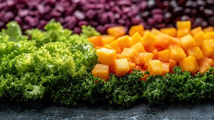 Colorful chopped vegetables arranged on a dark surface.
