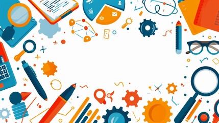 Colorful Business Frame on White Background with Office Supplies and Icons for Creative and Professional Use