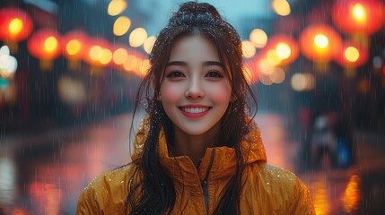 Smiling woman in yellow jacket under rainy street lights at night