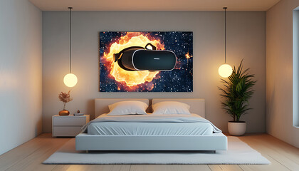 modern bedroom featuring virtual reality headset against cosmic backdrop. room is stylishly decorated with plant and soft lighting, creating serene atmosphere