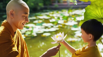 Sharing wisdom: lotus flower between mentor, child