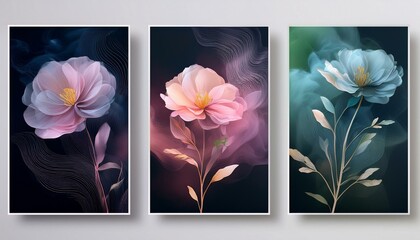 set of three vertical poster , minimalist botanical floral smoky art