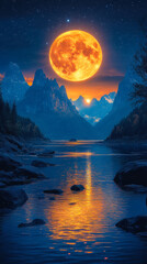 Majestic Full Moon Over Mountain Landscape During Mid-Autumn Festival Night