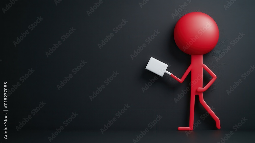 Poster a red stick figure holding a white object walks against a dark background, creating a simple yet eng