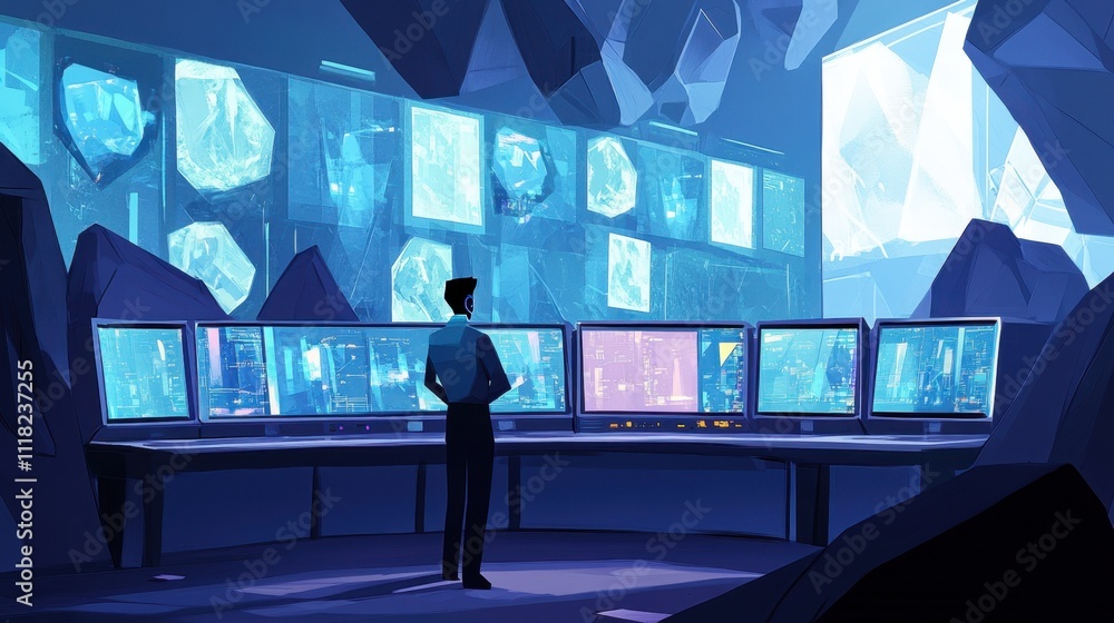 Poster engineer in a control room supervising mineral extraction with holographic data and futuristic monit