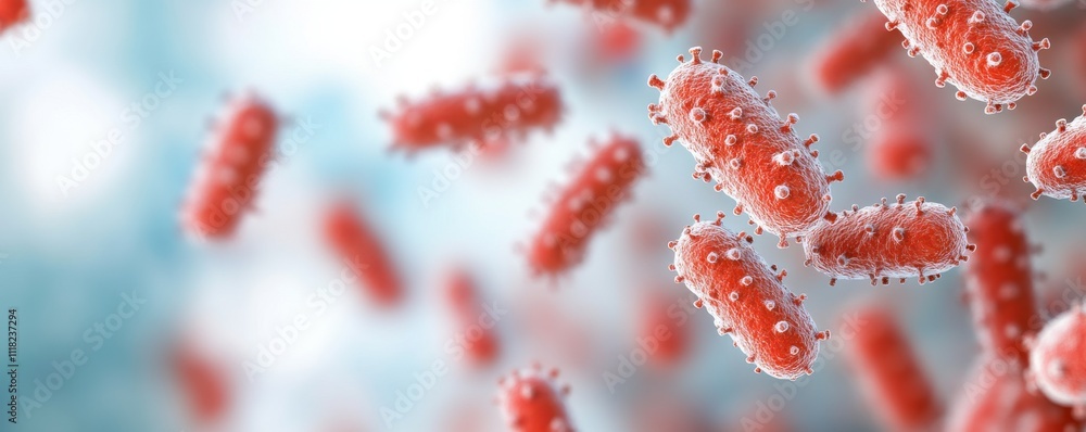 Poster a close-up view of red bacteria against a soft-focus background, highlighting their intricate struct