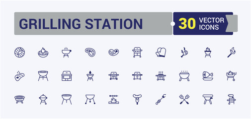Grilling Station icon set. Related to beef, gas, fish, spatula, bbq, hot and more. Modern thin icons. Solid line editable vector illustration.