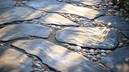 Stone path with pebbles and sunlight.