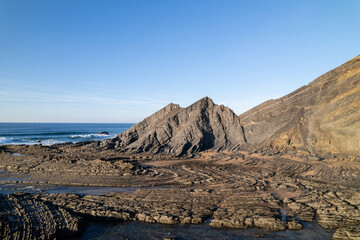 Seascape view of Praia de Amoreira (Amoreira beach), located in Aljezur, Costa Vicentina, Algarve, Portugal.
