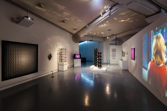 NICE, FRANCE - AUGUST 29, 2019: exhibition of "Op Art", visual art based on optical illusions, artwork from Molleret, Schoffer, Riley, Cruz-Diez, "Museum of Modern and Contemporary Art, called MAMAC