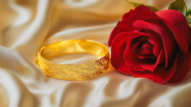 A gold bracelet sits on a table next to a red rose
