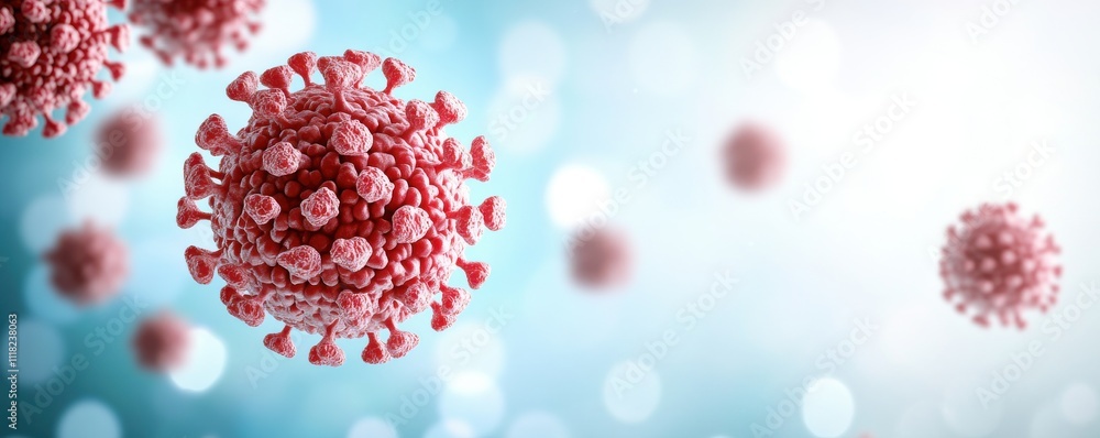 Poster a close-up view of virus particles with a vibrant background, illustrating the structure of a virus 