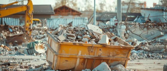 A construction site shows debris and a large yellow dumpster amidst the rubble, symbolizing chaos and rebuilding efforts.