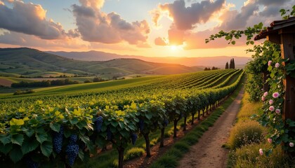 Fototapeta premium Sunset Over Lush Vineyard Landscape with Rolling Hills