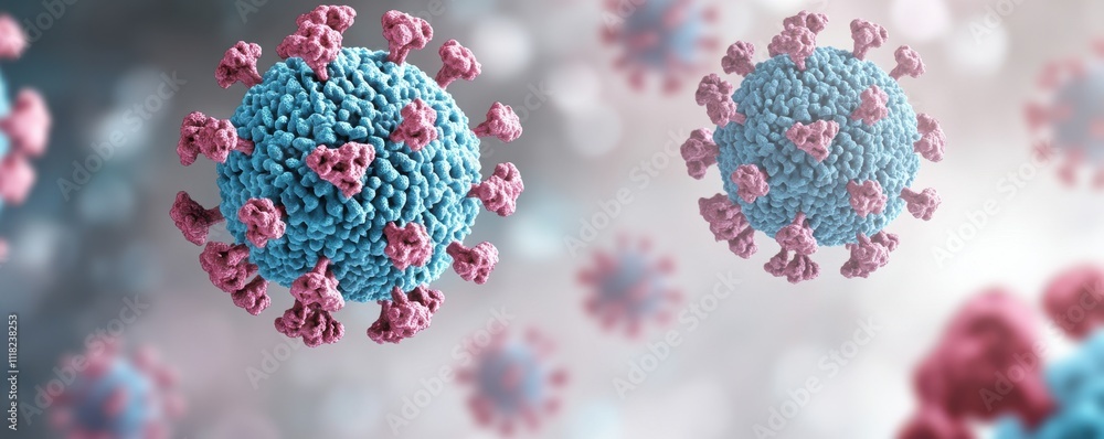 Poster a colorful depiction of covid-19 virus particles, showcasing their distinctive spikes and structure 