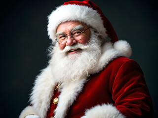 Naklejka premium Santa Claus, Christmas, holiday, festive, jolly, cheerful, red suit, white beard, glasses, hat, gloves, boots, fur trim, pointing, smiling, merry, Saint Nicholas, Kris Kringle, Father Christmas, holid