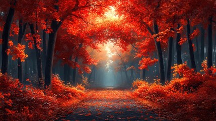 Vibrant Autumn Forest Pathway with Falling Leaves