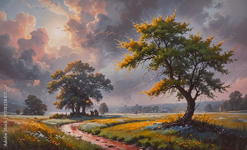Aufkleber a painting of a forest with a path leading to a house. the sky is cloudy and the sun is shining thro