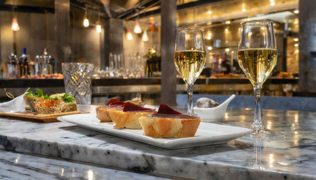 Tapas gourmet y copas de vino espumoso en mesa de m&aacute;rmol en un restaurante elegante iluminado.
