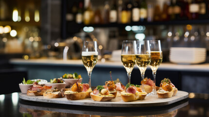Tabla de tapas variadas con copas de vino espumoso en un bar elegante y moderno iluminado.