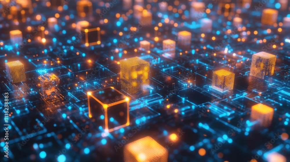 Poster in a vibrant digital landscape, glowing cubes of various colors float above a grid of interconnected