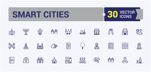 Religion icon set. Contains such icons as spirituality, grace, baptism, stroke, star and more. Simple web icons. Vector line and solid icons.