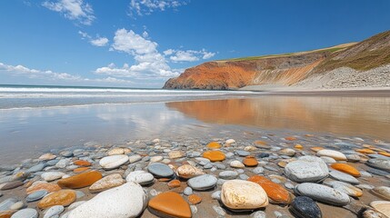 Colorful pebble beach meets calm ocean waters, reflecting vibrant cliffs under a clear blue sky.