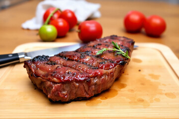 Grilled steak with golden crust, on wooden board,
butcher knife and herbs. An appetizing image that
highlights quality and fiavor.